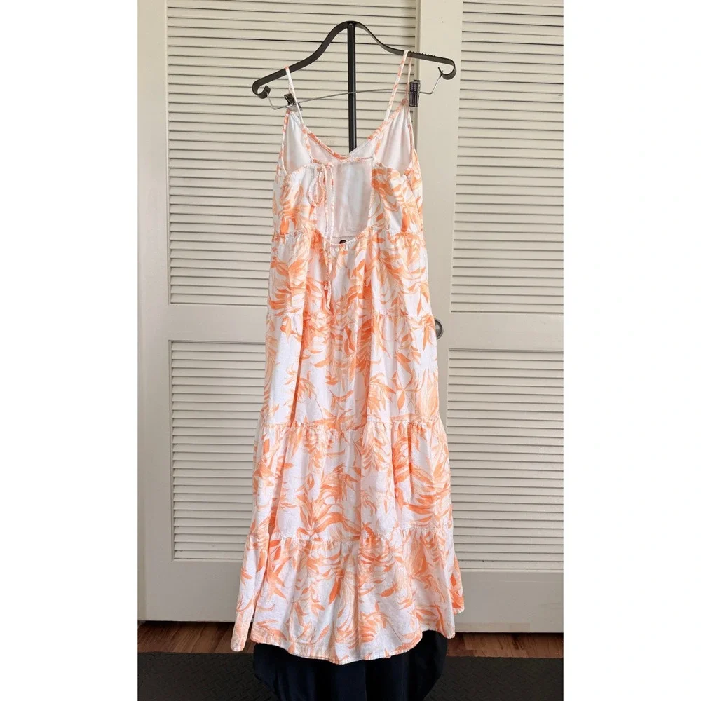 Abercrombie & Fitch Orange Tropical Leaf Tiered Maxi Dress Large Tie Back Cutout